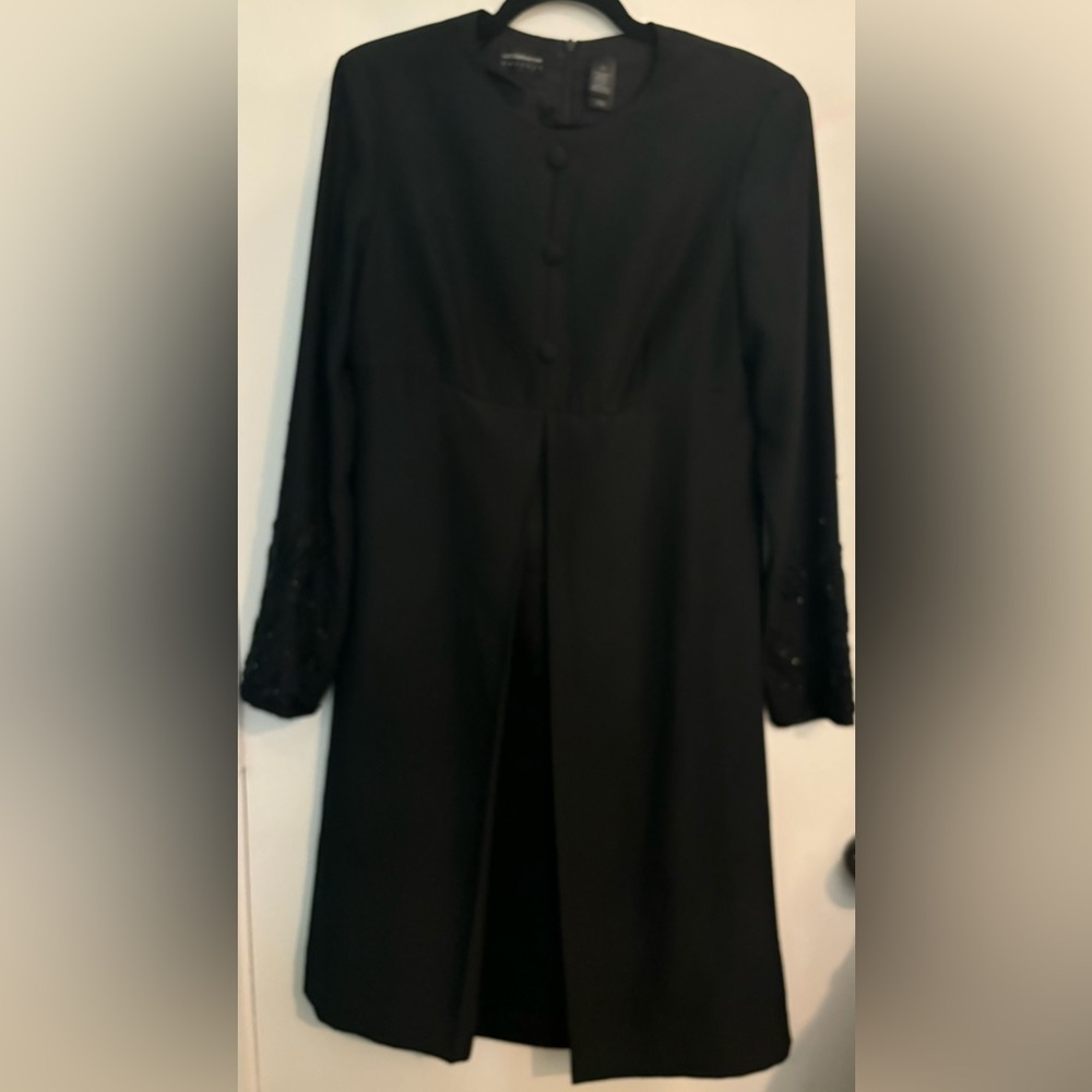 90s Liz Claiborne Womens Tea Length Long Sleeve Black Dress Crepe Satin Sz 10